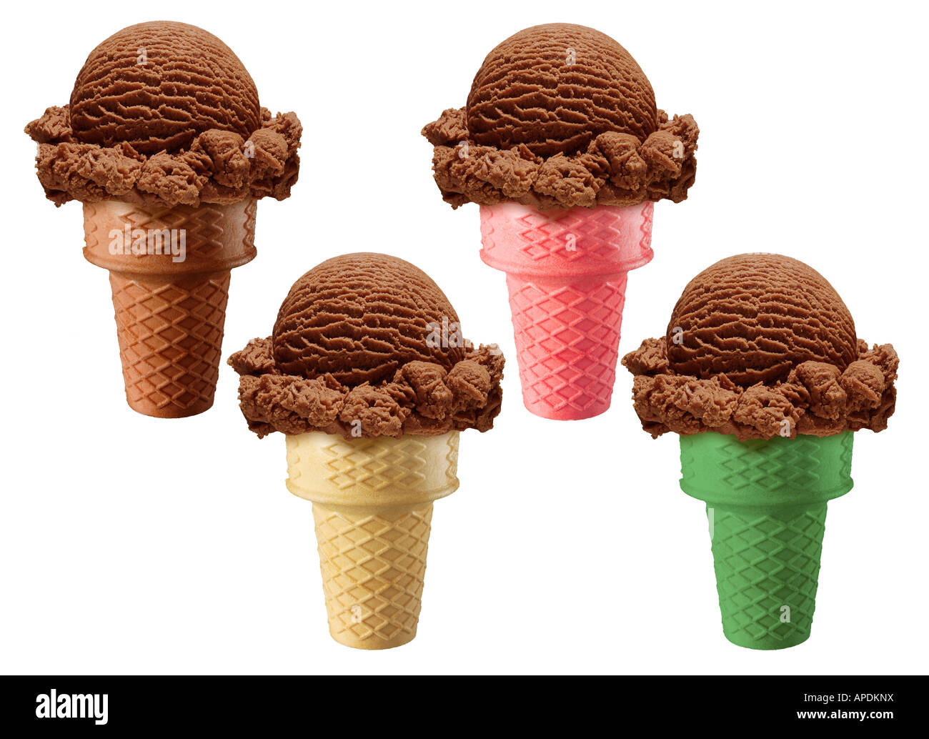 4 verschiedene Schokoladen-Eiscreme-Kegel Stockfoto