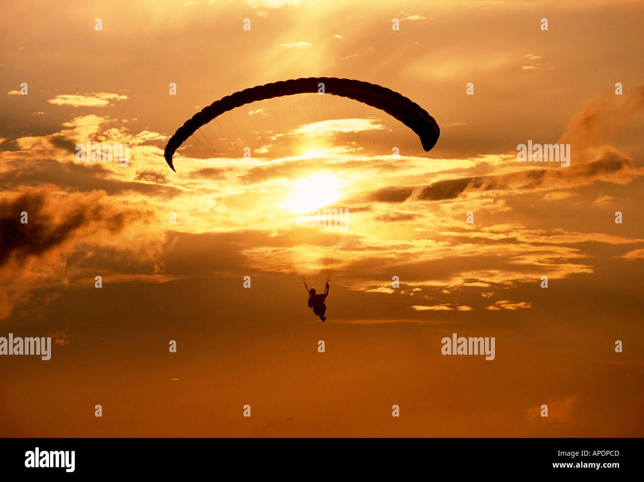 Paragliding-Leichtigkeit bei Sonnenuntergang Stockfoto