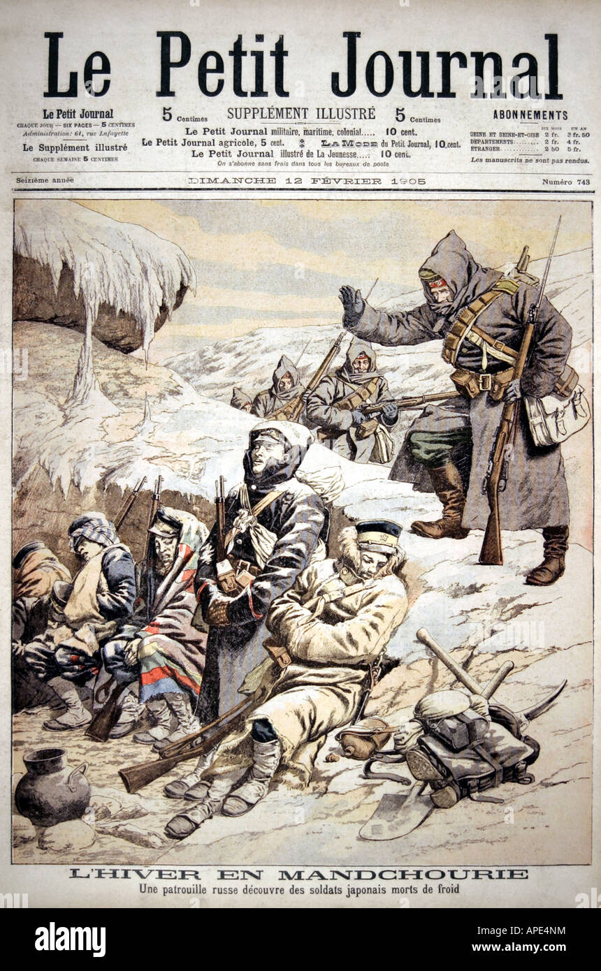 Russisch-Japanischer Krieg, 1904/1905, russische Patrouille fand frostgebissenen japanischen Soldaten, farbige Gravur, "Le Petit Journal", 12.2.1905, Stockfoto