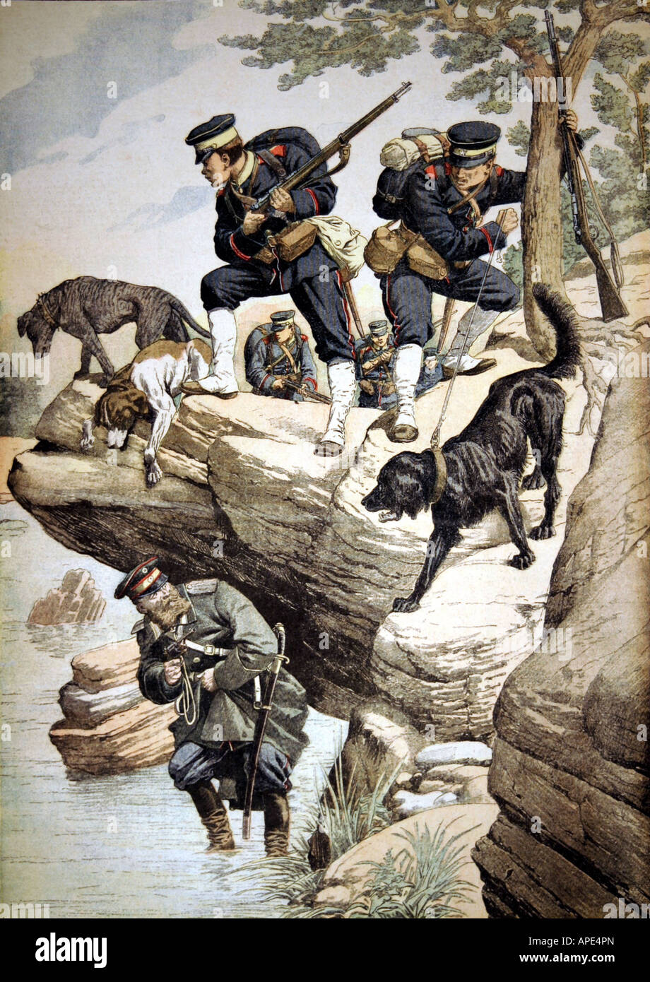 Russisch-Japanischer Krieg, 1904/1905, japanische Soldaten jagen einen russischen Offizier mit Hunden, farbige Gravur, "Le Petit Journal", 11.9.1904/05, Stockfoto
