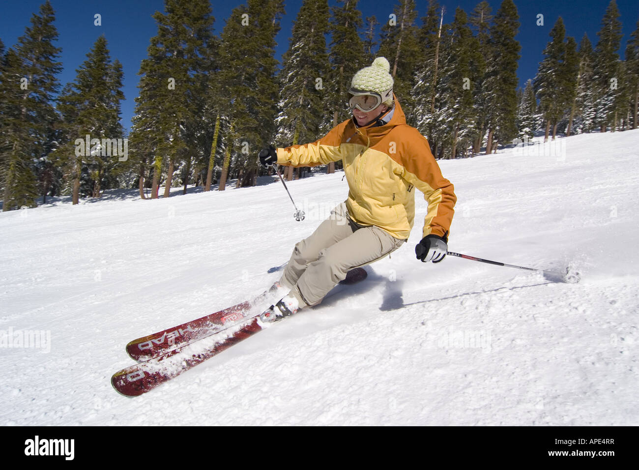 Eine Frau auf einem präparierten Ski laufen im Northstar Skigebiet in der Nähe von Lake Tahoe in Kalifornien Stockfoto