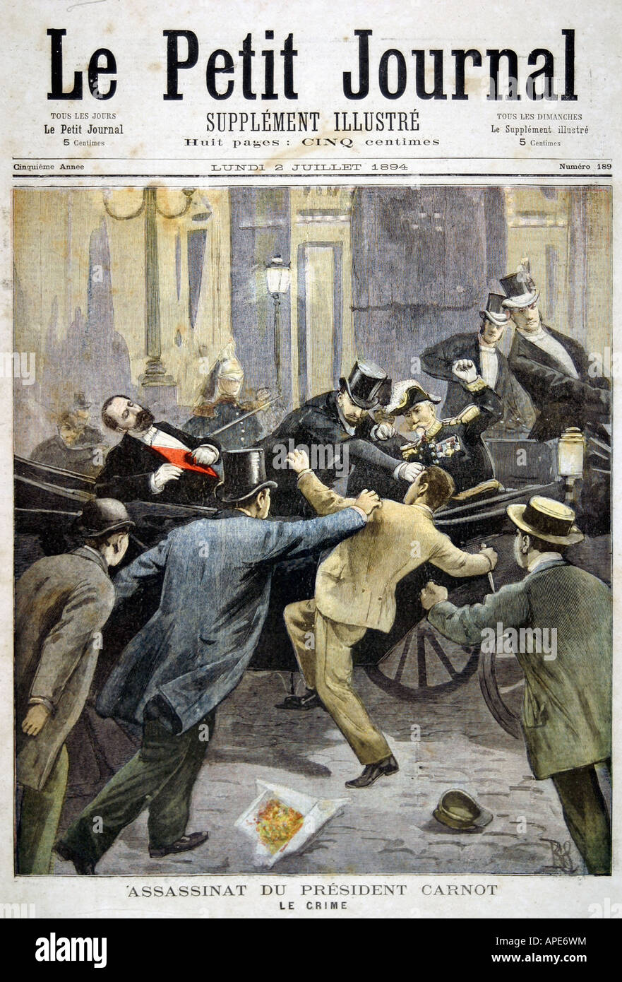 Presse/Medien, Zeitschriften, "Le Petit Journal", Paris, 5. Band, Nummer 189, illustrierte Beilage, Montag, 2. Juli 1894, titele, "Ermordung des präsidenten Carnot", Stockfoto