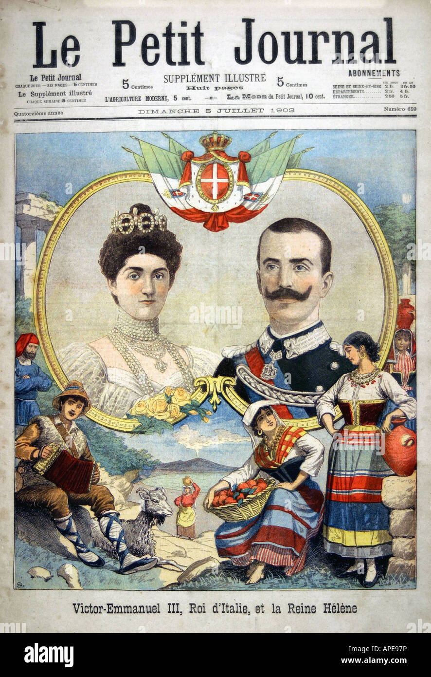 Presse/Medien, Zeitschriften, "Le Petit Journal", Paris, 14 Band, Nummer 659, illustrierte Beilage, Sonntag, 5. Juli 1903, Titel, "Victor Emmanuel III, König von Italien und Königin Elena", Stockfoto