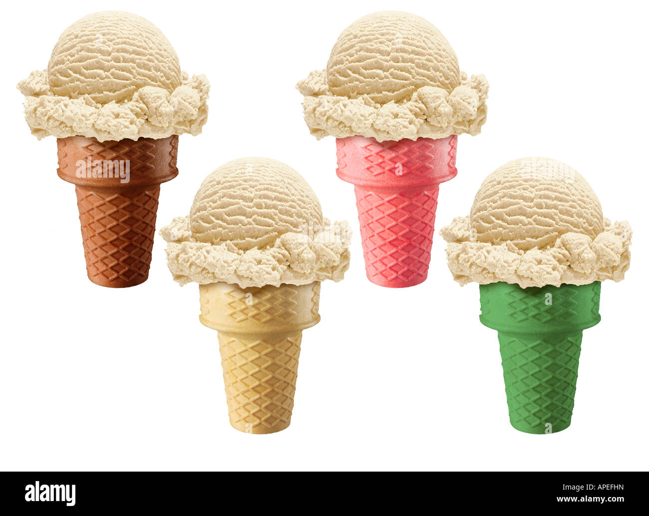 4 verschiedene Vanille Eiscreme-Kegel Stockfoto