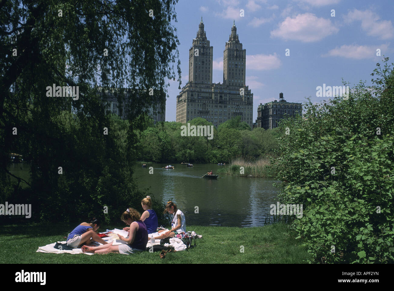 Leute, die studieren auf dem Rasen im Central Park mit dem San Remo Gebäude im Hintergrund, New York City. Stockfoto