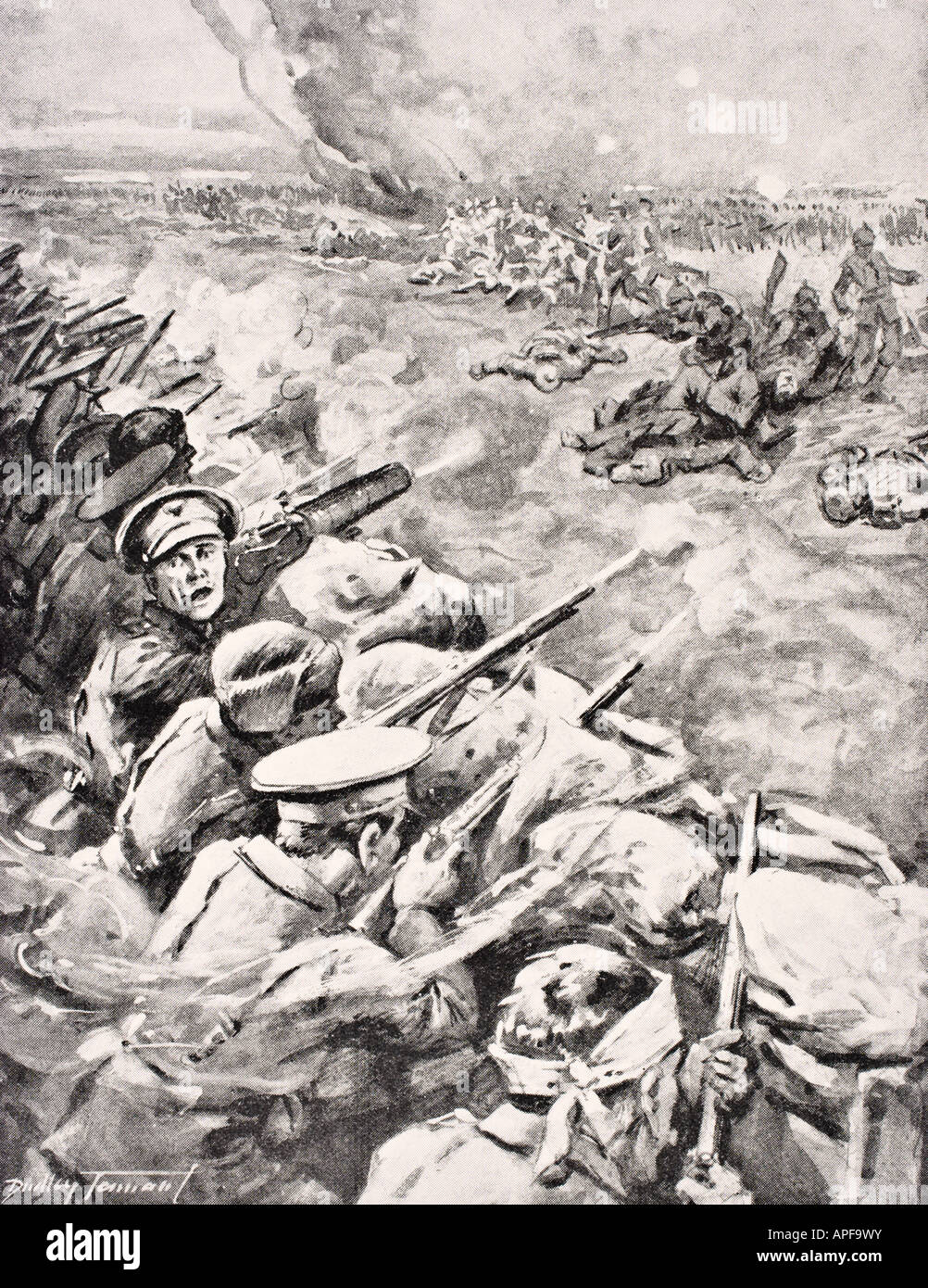 Deutsche Truppen gegen britische Schützengräben 1915 während des Ersten Weltkriegs. Stockfoto