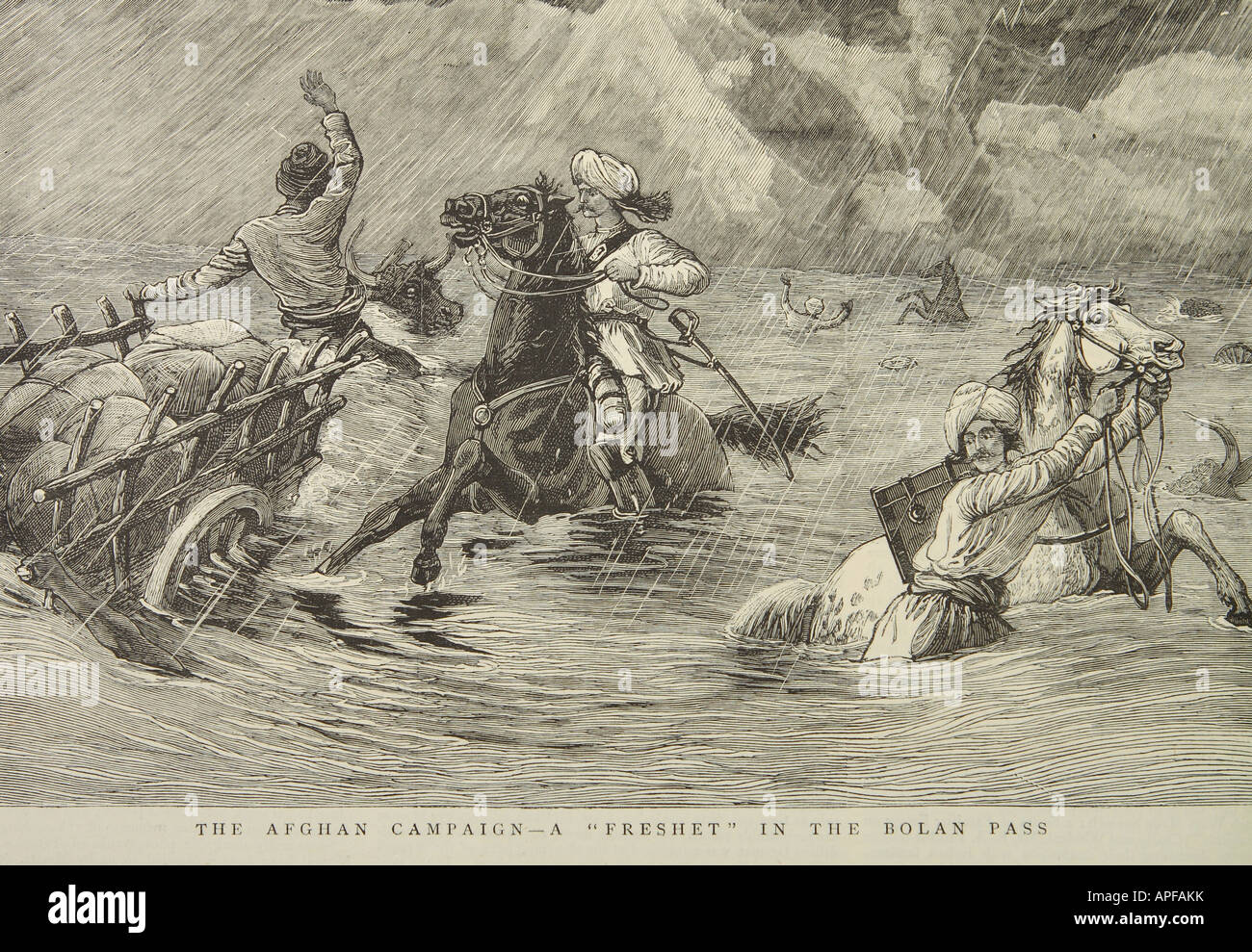 Die zweite afghanische Kampagne ein Hochwasser trifft einen Lieferung-Wagen in den Bolan-Pass im Westen Pakistans im Jahre 1880 Stockfoto