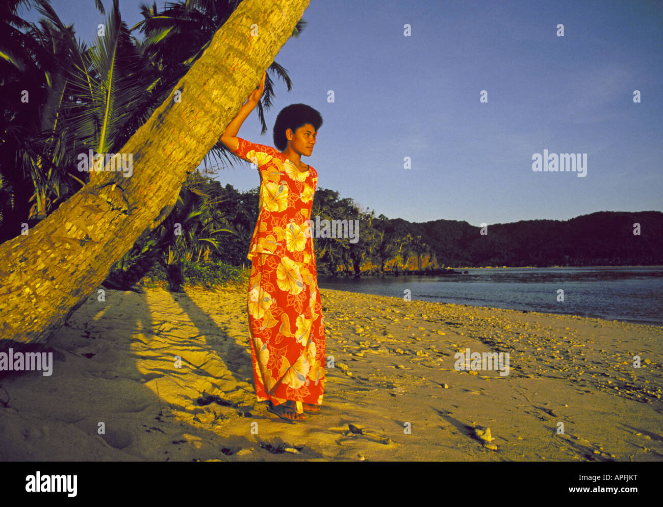 Eine ziemlich Fidschi Frau steht unter einer Kokospalme an einem Strand auf Qamea Insel Fidschi Stockfoto