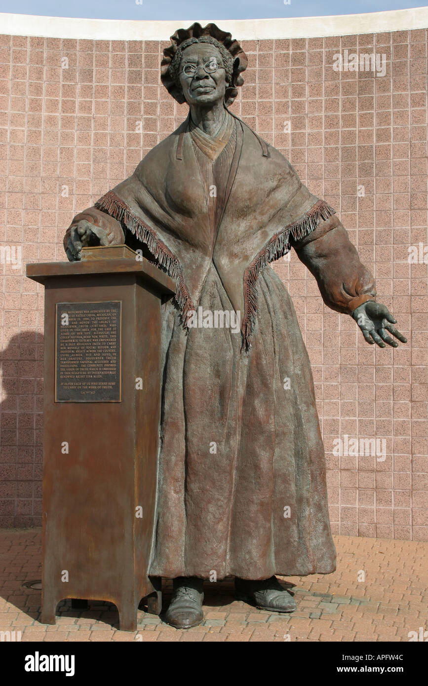 Michigan Battle Creek Sojourner Truth, Frau weibliche Frauen, Ex-Sklave Sozialreformer, schwarz Afrikaner Statue Statuen, öffentliche Kunst Denkmal seiner Stockfoto