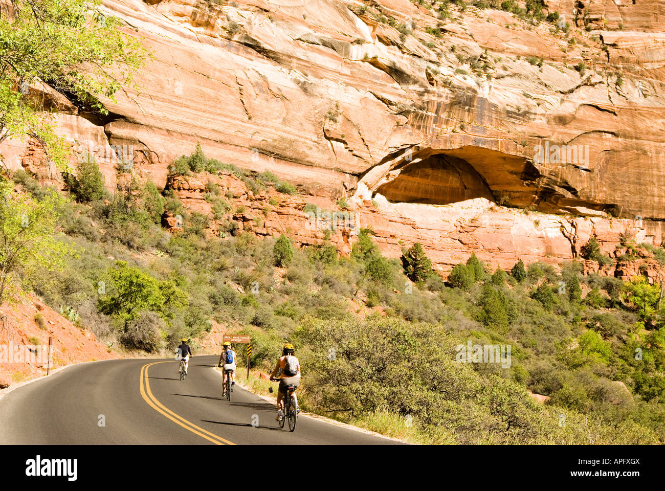 Radfahren auf die landschaftlich reizvolle Fahrt entlang des Virgin River im Zion National Park im Südwesten Utah Stockfoto