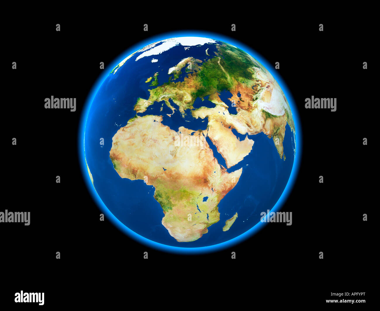 Planet Erde vor einem schwarzen Hintergrund (3D-Bild). Afrika, Europa und Teilen Asiens sind sichtbar. Stockfoto