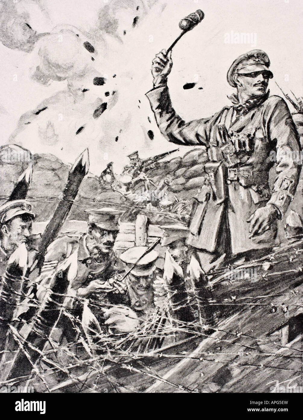 Britischer Offizier hurling Granaten aus Graben bei angreifenden deutschen Stockfoto