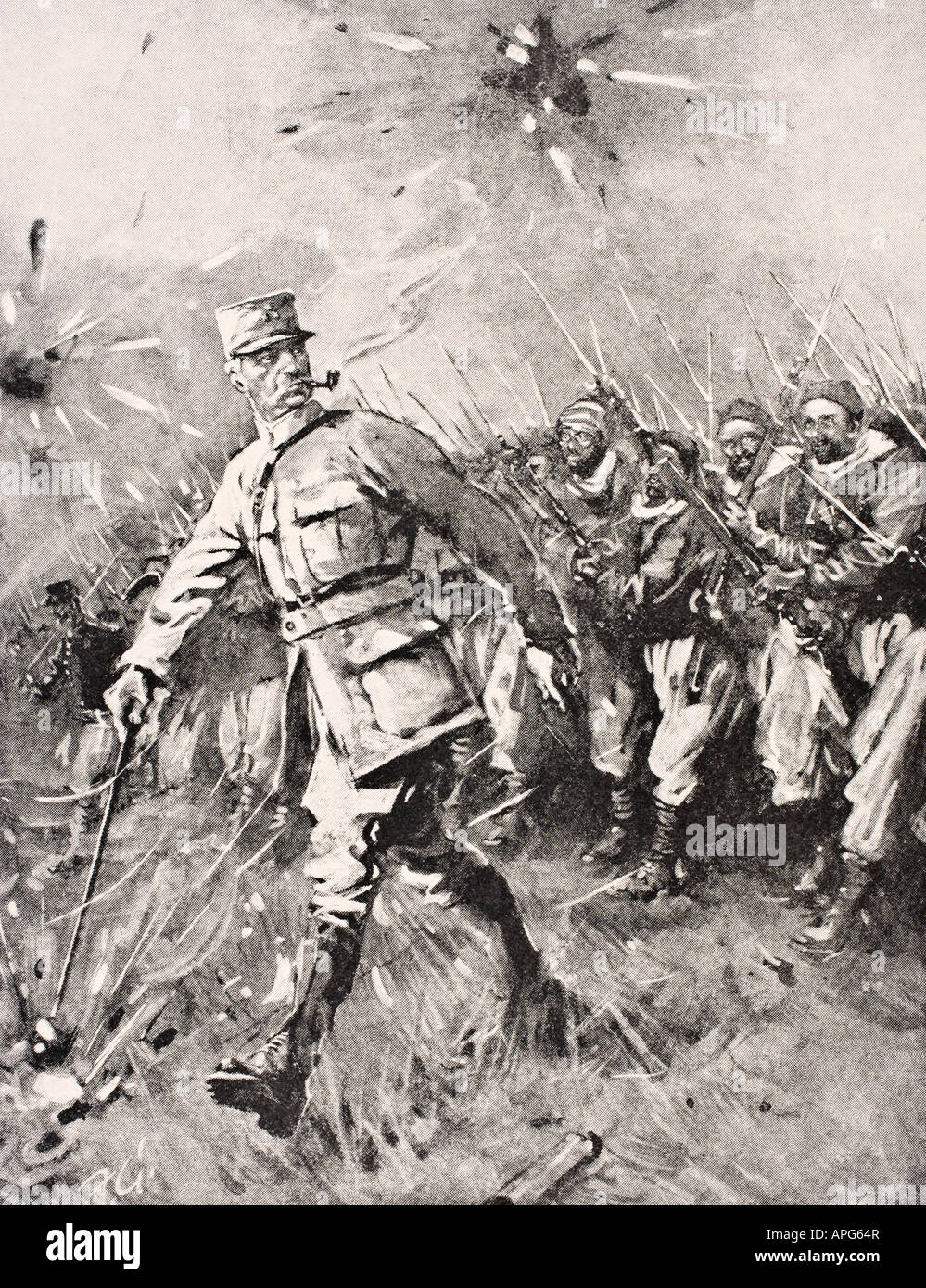 Major Jean Baptiste Marchand, 1863 - 1934, Rohr im Mund, Rohr in der Hand führt Zouave und marokkanischen Einheiten gegen deutsche Feind während des Ersten Weltkriegs Stockfoto