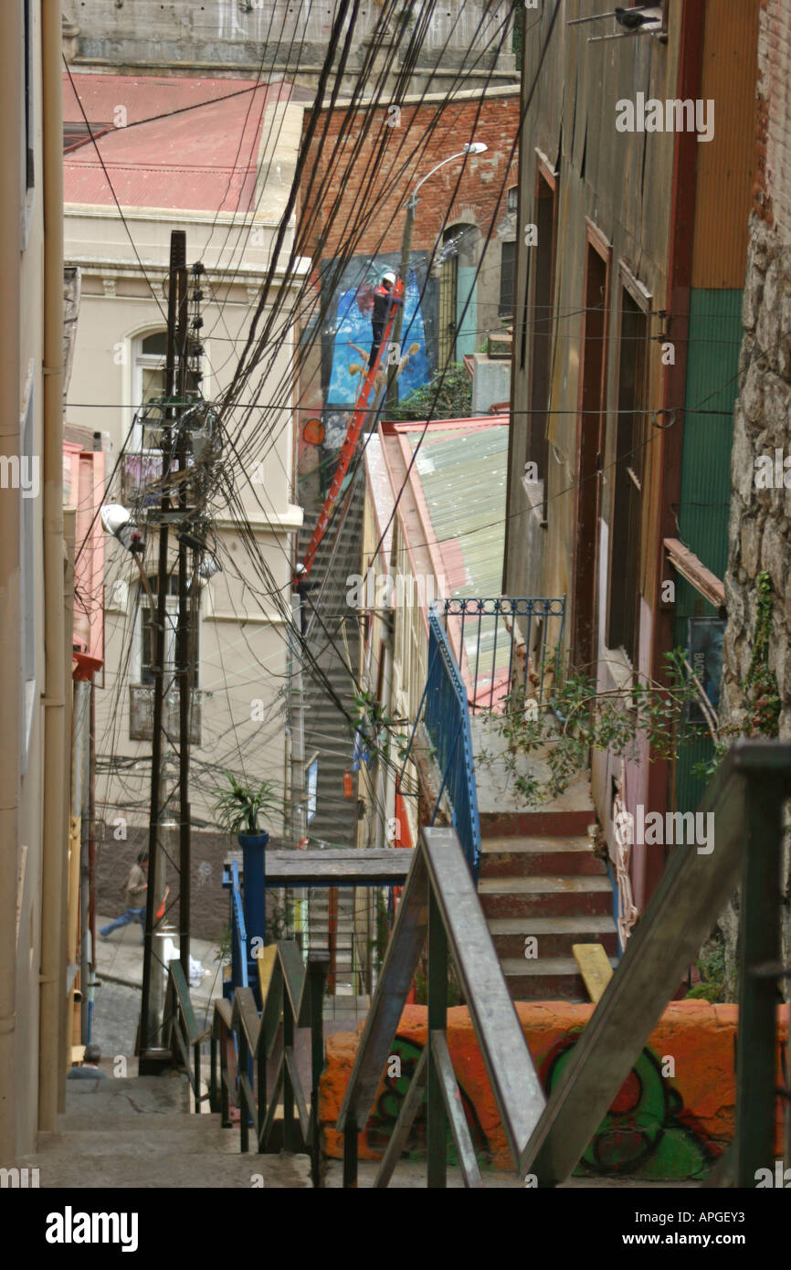 Steile Gassen der Stadt Valparaiso, Chile Stockfoto