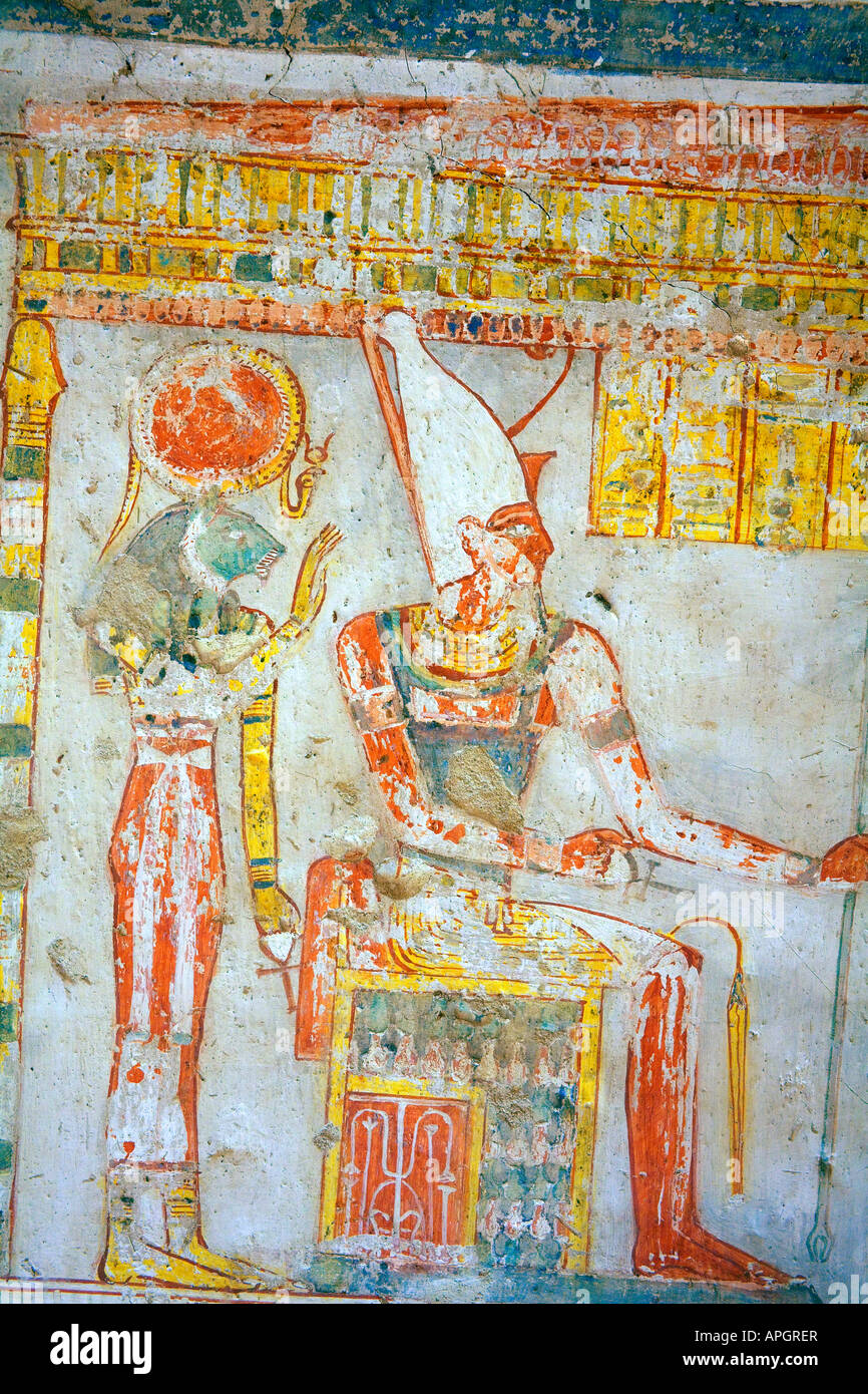 Original Gemälde an der Wand des Inneren des Grabes von Neferrenpet an den Gräbern der Adligen. West Bank von Luxor Ägypten. Stockfoto