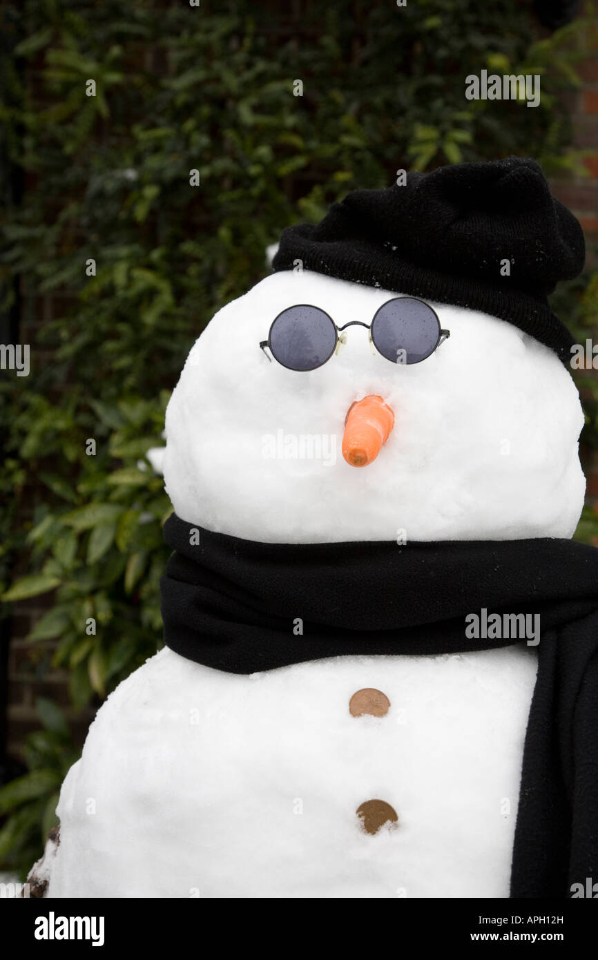 Nahaufnahme eines Schneemannes mit Schattierungen, Hut und Schal mit Exemplar Stockfoto