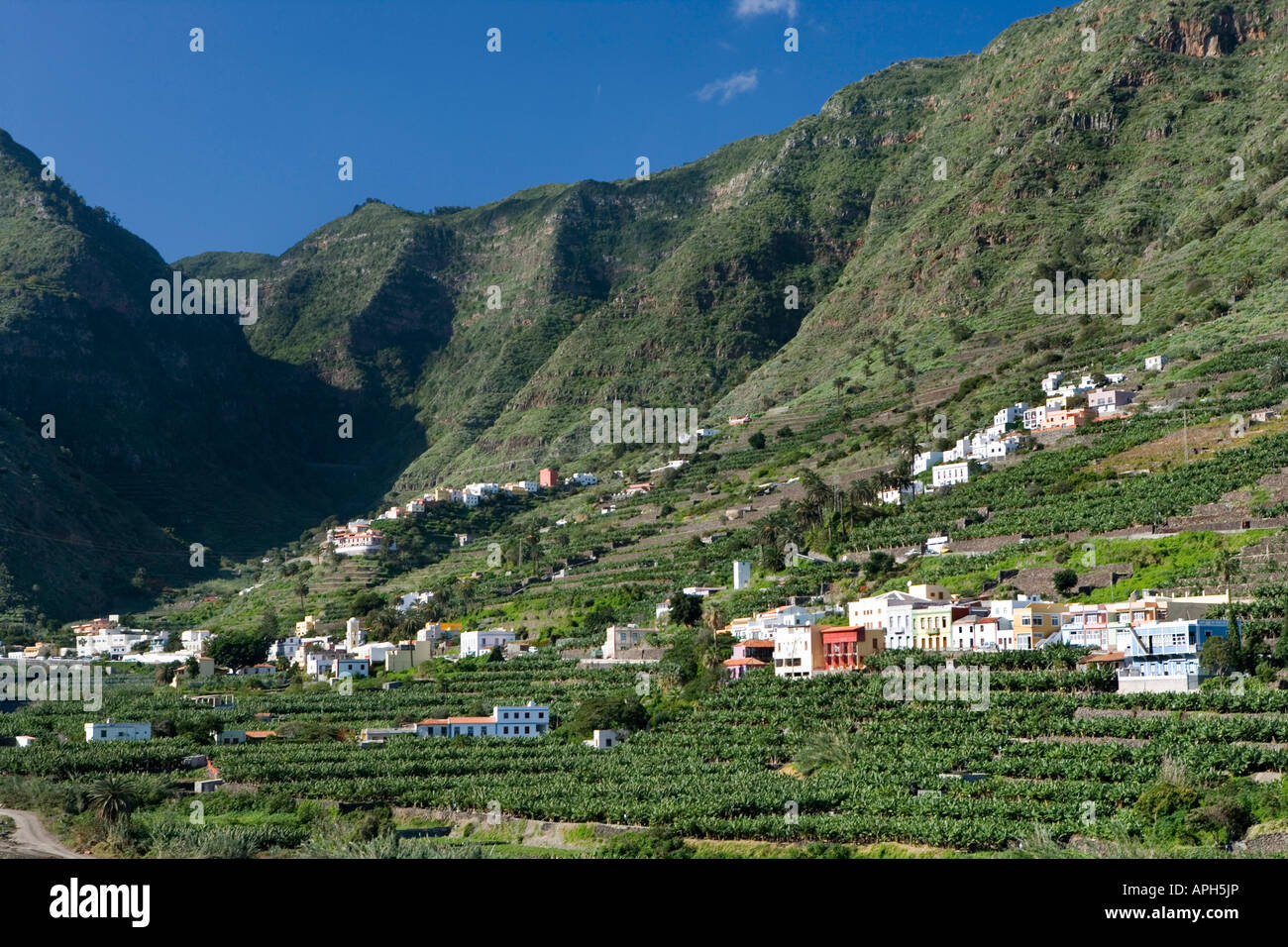 Spanien, Kanarische Inseln, La Gomera, Blick auf das Tal von Hermigua ist bekannt für seine Bananenplantage Stockfoto