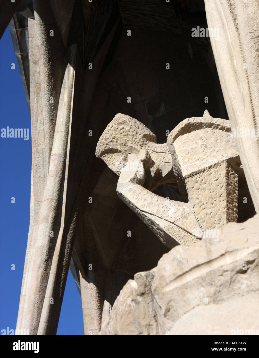 Skulptur an der Leidenschaft Fassade der Sagrada Familia, Barcelona, Spanien Stockfoto