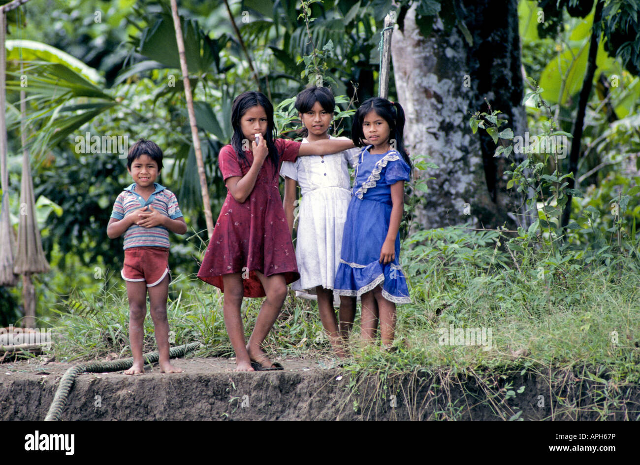 Eine Gruppe von indischen Kindern stehen am Ufer von einem Amazonas-Nebenfluss von ihrem kleinen abgelegenen Dorf im Regenwald Stockfoto