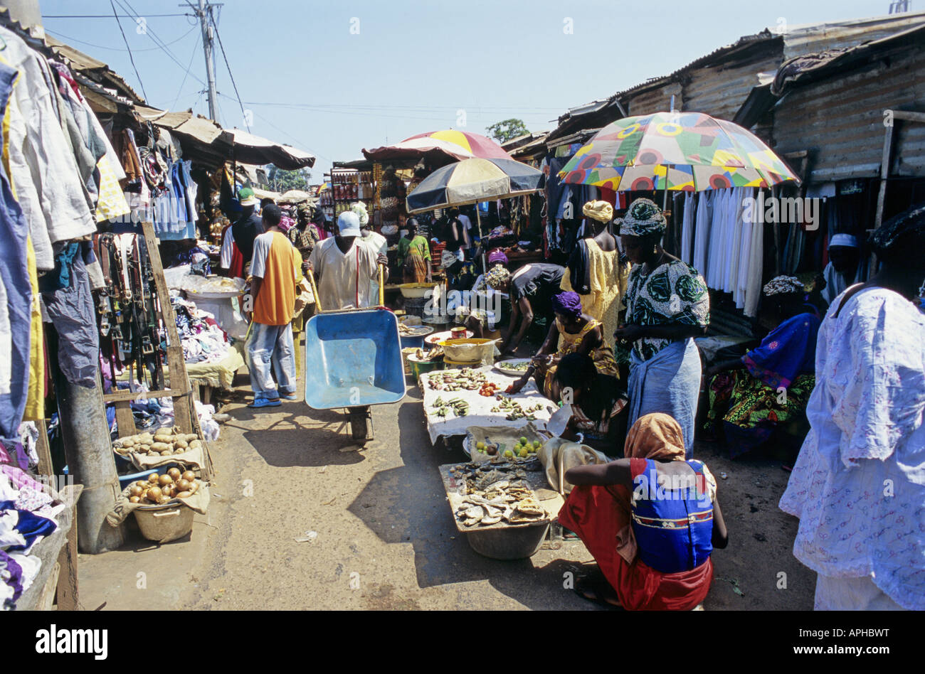 Auf dem Markt in Serekunda verkaufen die größte Stadt in Gambia Stände frisches Obst und Gemüse Stockfoto