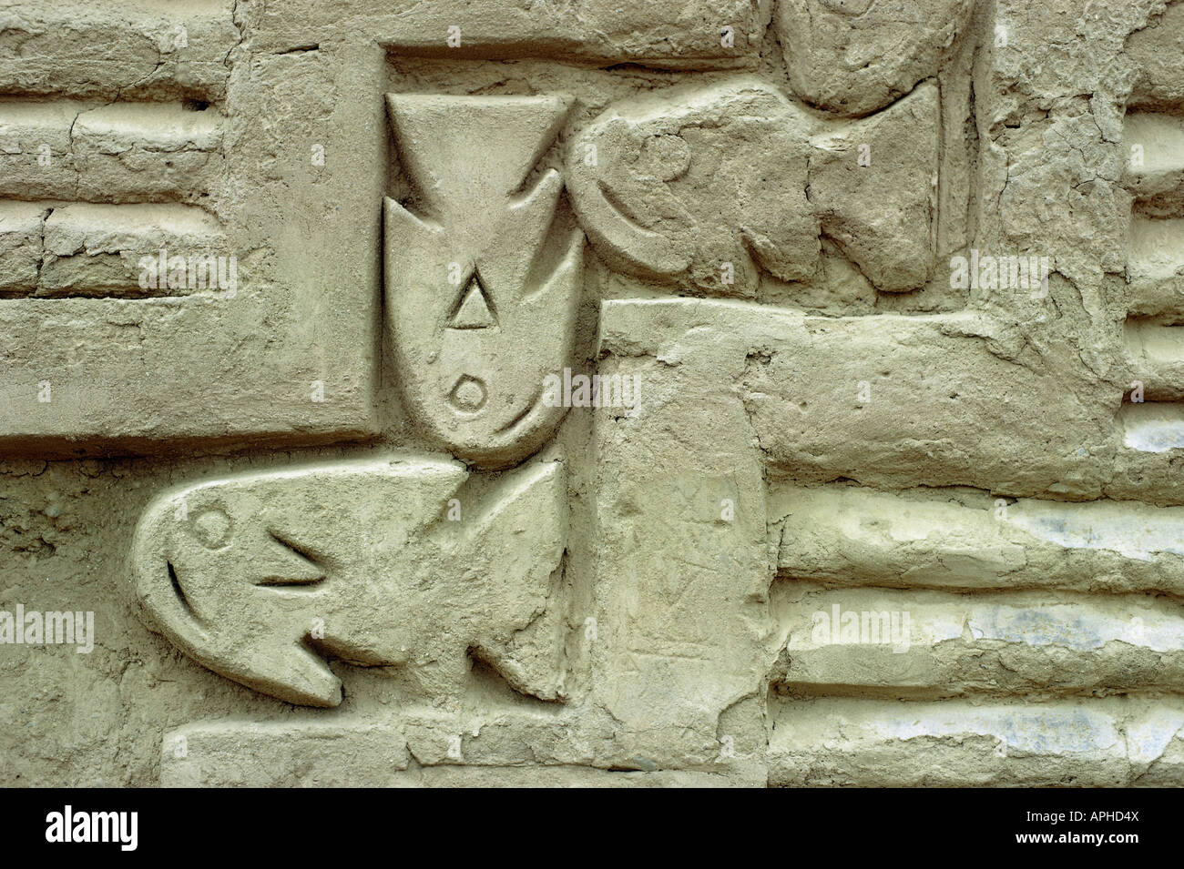 Geographie / Reisen, Peru, Chanchan, ehemalige Hauptstadt des Chimu, Detail: ornament Relief Wand, Südamerika, Fisch, Mochica-Kultur, Stockfoto