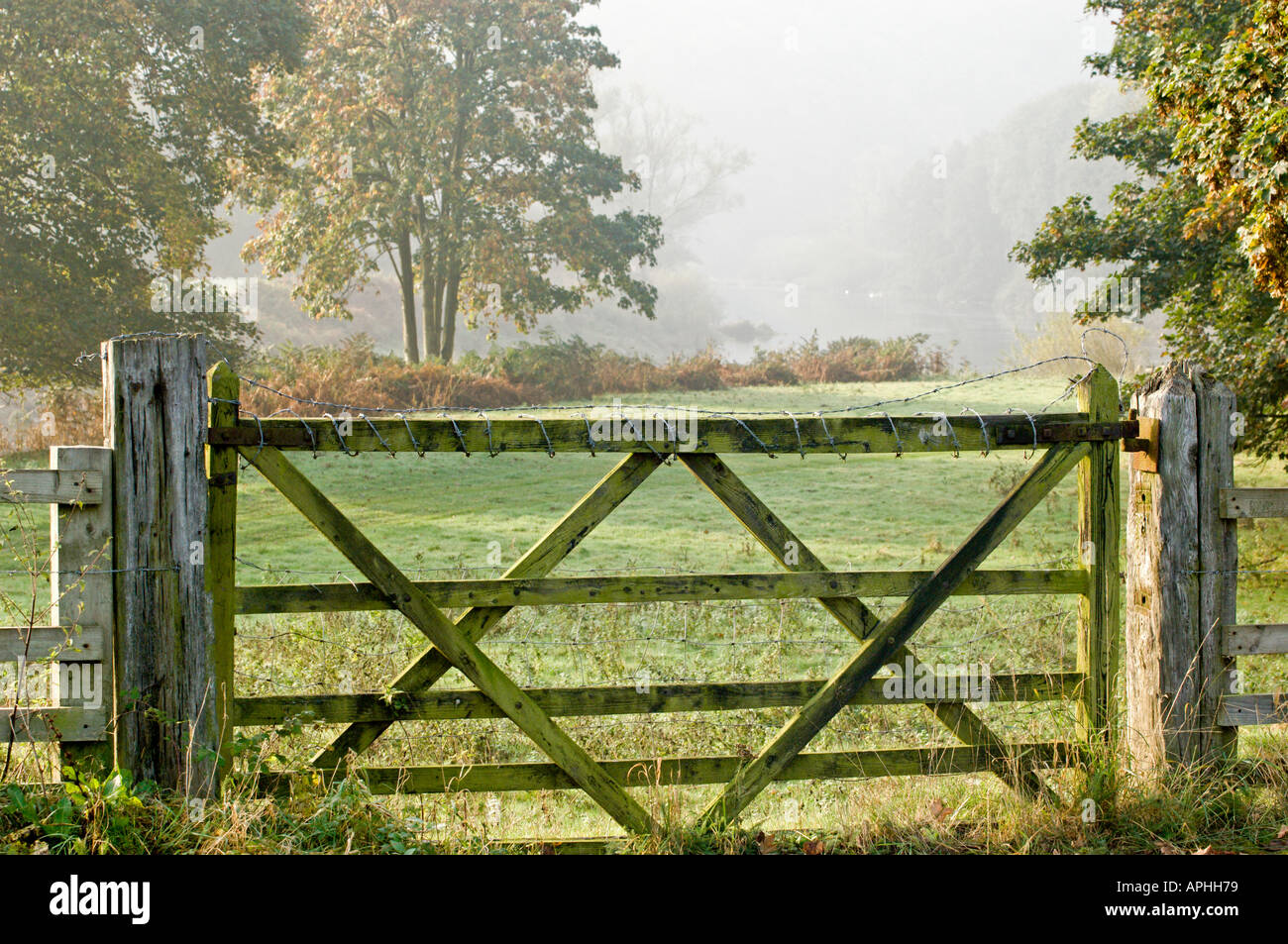 Stacheldraht um Zaun und Tor verweigern des Zugriffs Stockfoto