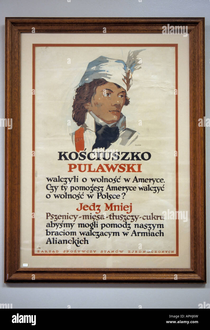 Essen Sie weniger Unterstützung Truppen WW2 Polnisch Propagandaplakat für polnische amerikanische Restaurants, Museum Kosciusko Mississippi USA Stockfoto