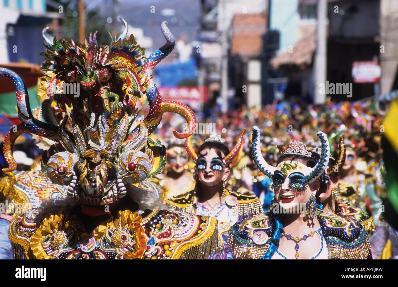 Maskierte Diablada Tänzer, Karneval von Oruro, Bolivien Stockfoto