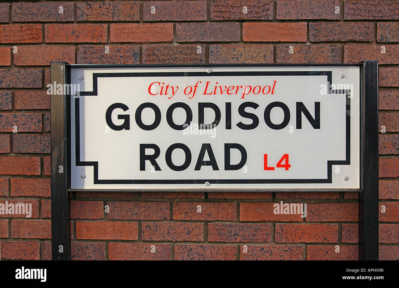 Straßenschild der Goodison Road, Liverpool - die Heimat des FC Everton Football Club Stockfoto