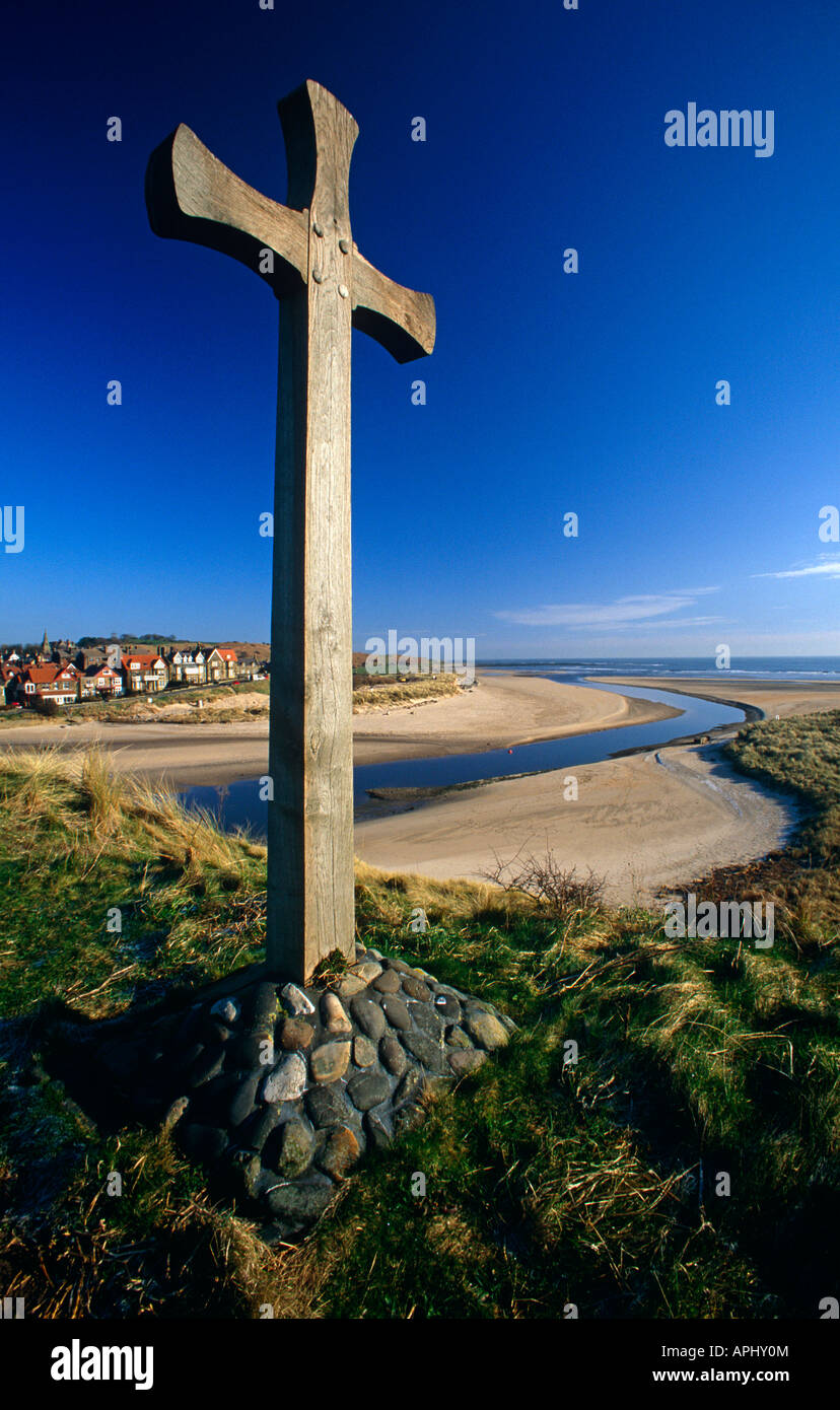 Winterfrost auf Kirche-Hügel mit Blick auf Alnmouth, Northumberland Stockfoto