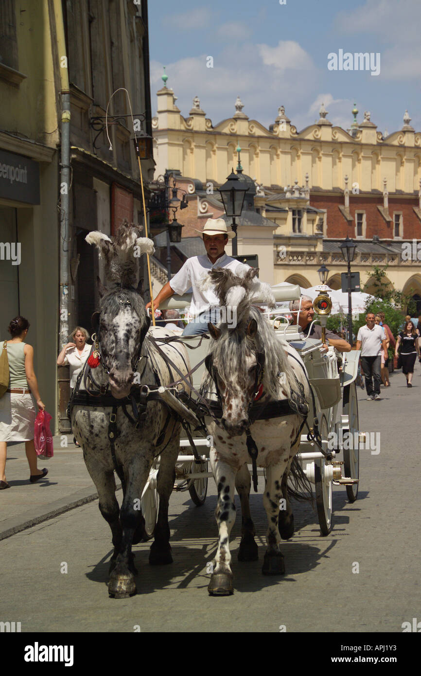 Pferd und Kutsche und Tuchhallen Krakau Polen Stockfoto
