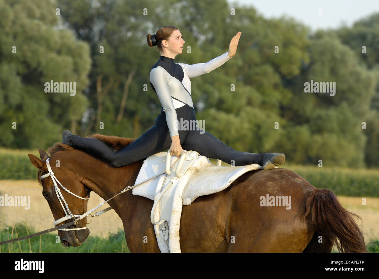 Einwölbung Dame während der Kur teilt auf dem Pferderücken Stockfoto