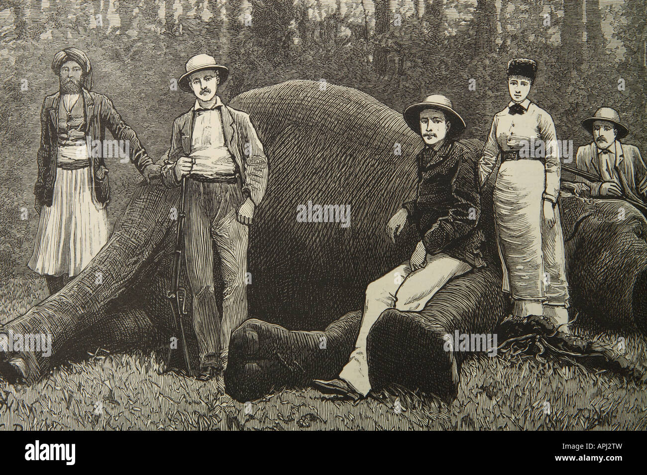 Viktorianische Jagen Schiessen Party in Ceylon mit Toten Elefanten aus einem Bild veröffentlicht 1880 Stockfoto