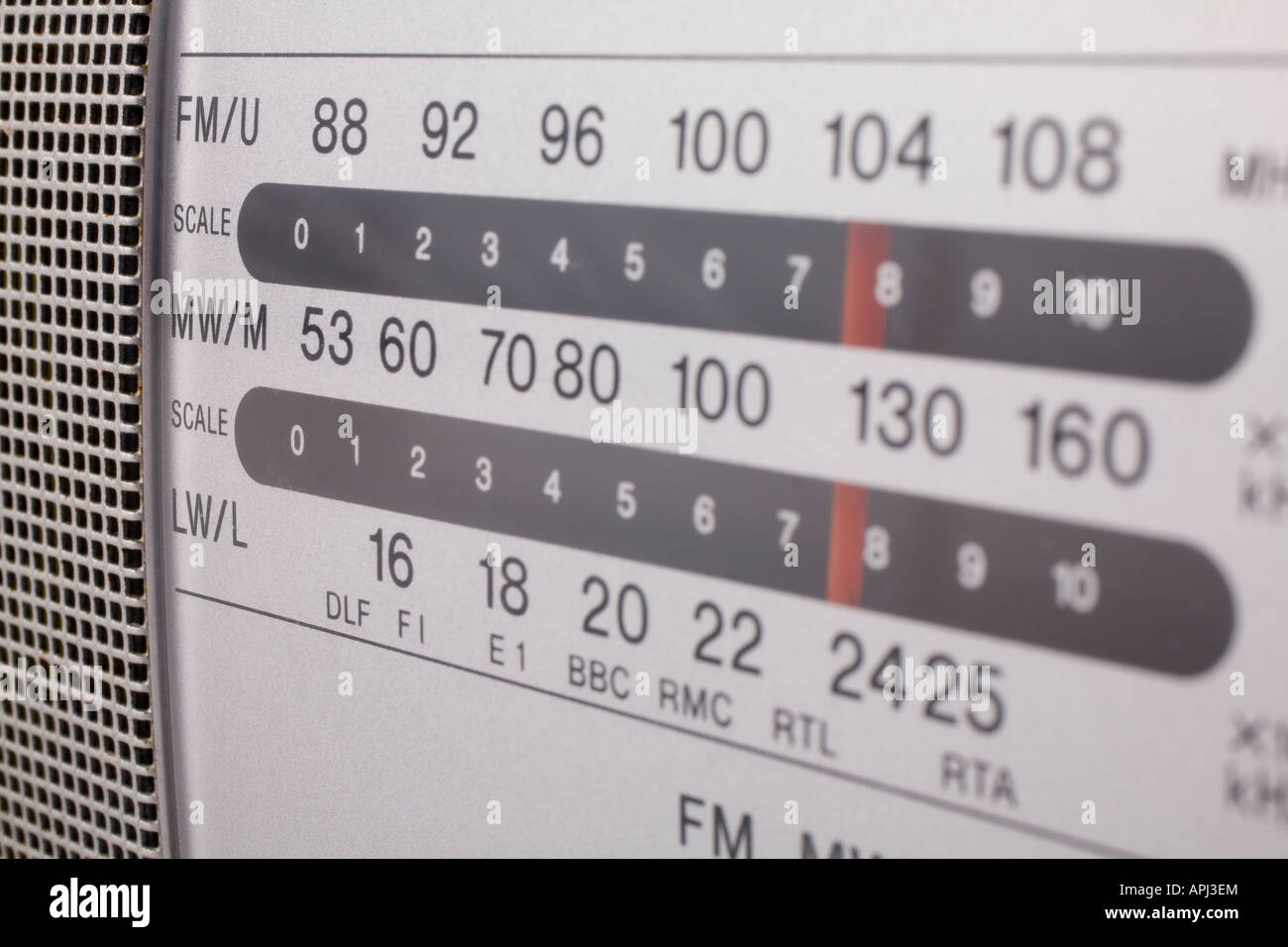 Vorderseite gestaltet von alten Zifferblatt Radio FM MW und LWL-Frequenzen zeigen Stockfoto