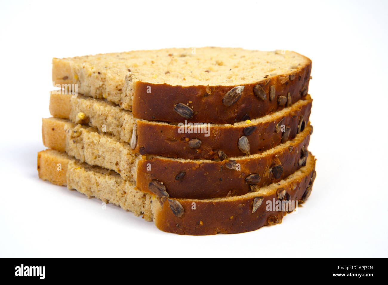 4 Brotscheiben mit Samen ganze Mahlzeit übereinander gestapelt. Stockfoto