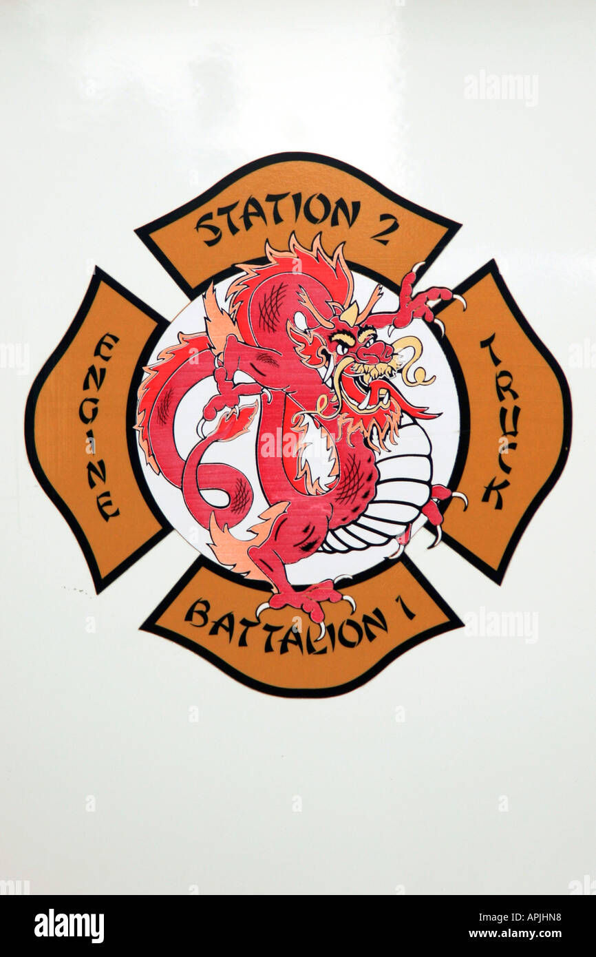 San Francisco-Feuerwehrauto Logo Abzeichen Detail schließen Stockfoto