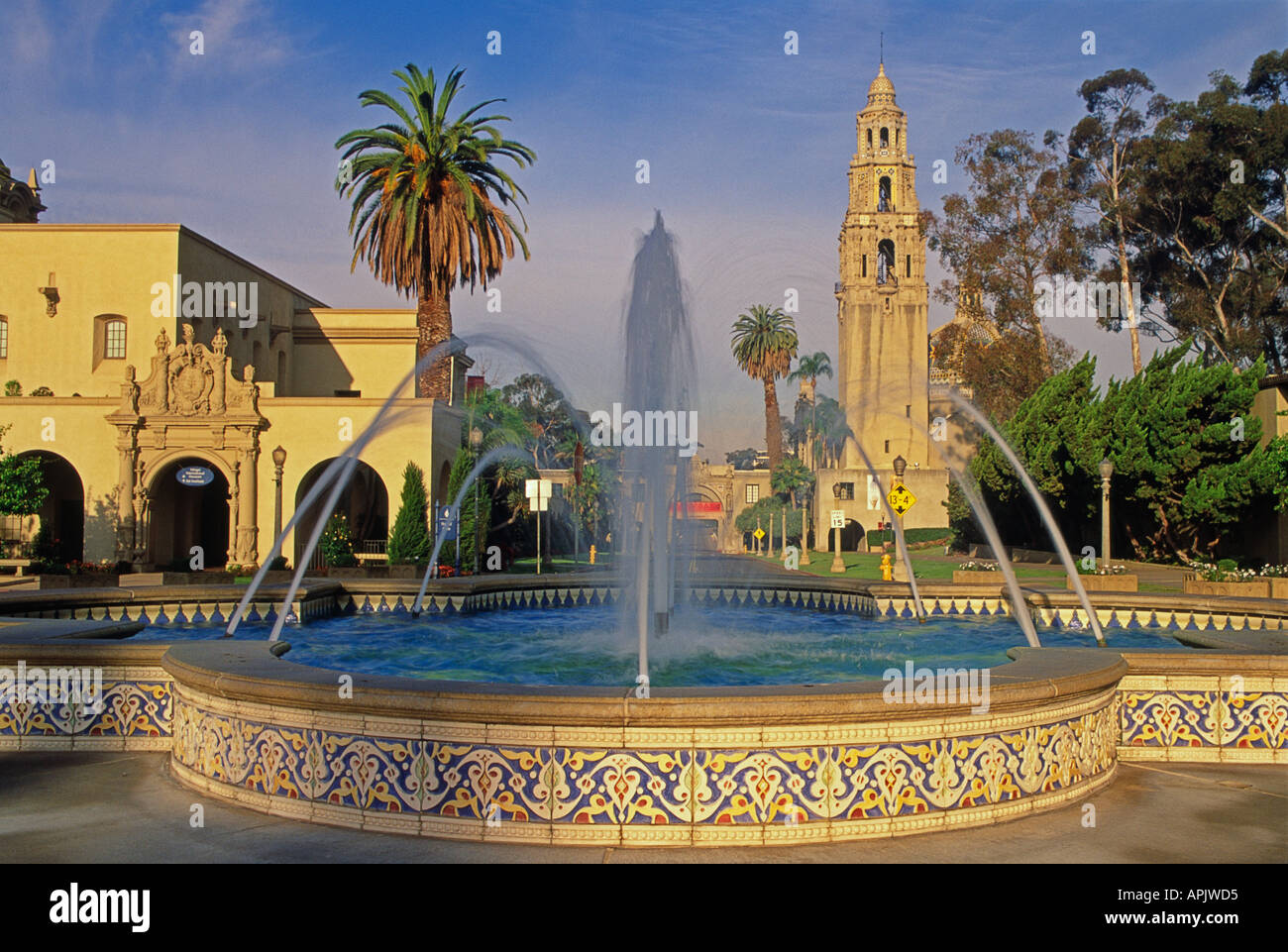 Plaza de Panama Brunnen und California Tower-Gebäude im Balboa Park in San Diego. Stockfoto
