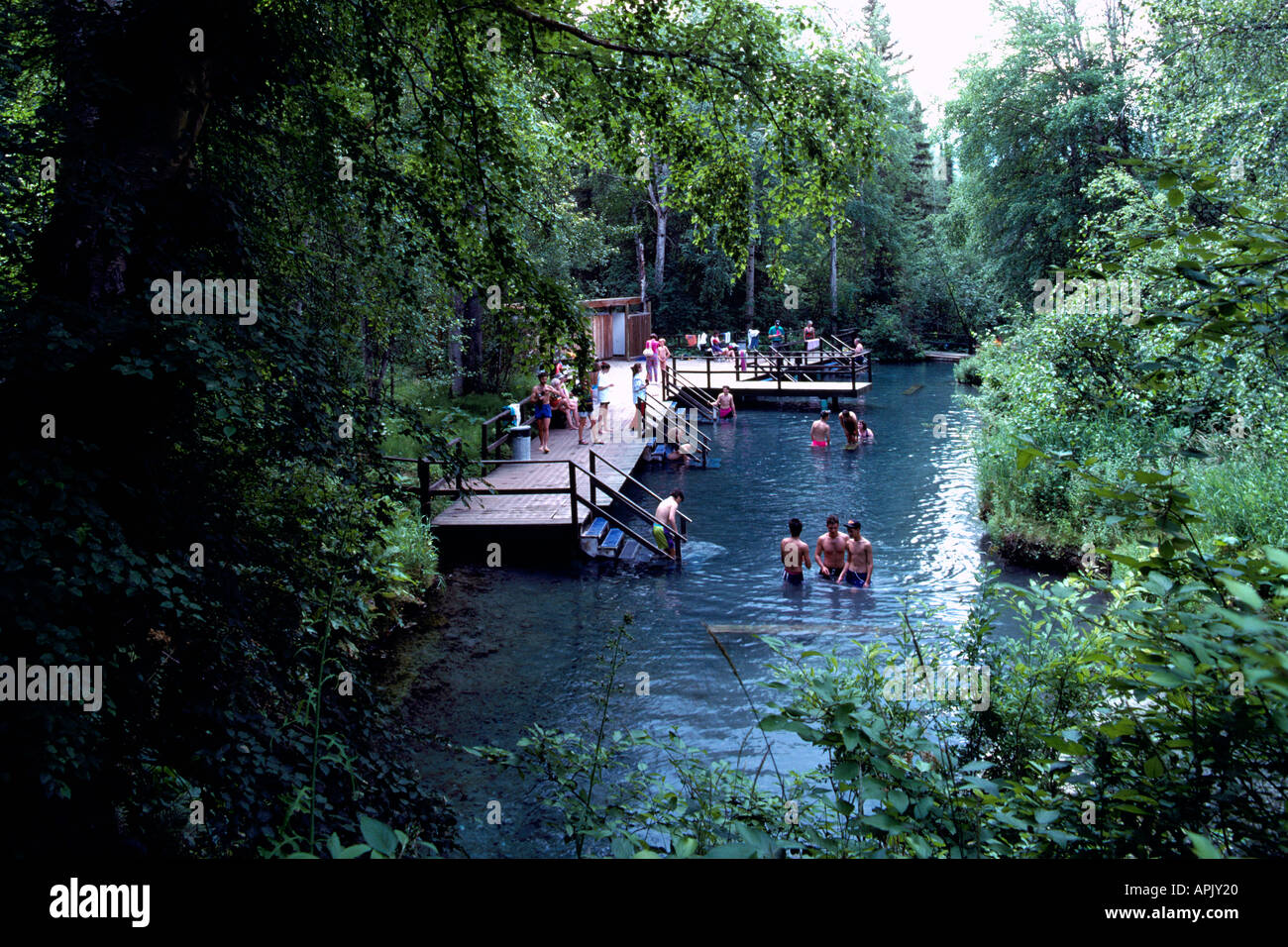 Den Alpha Pool am Liard heißen Quellen im Sommer im Liard River Hot Springs Provincial Park im Norden von British Columbia Kanada Stockfoto