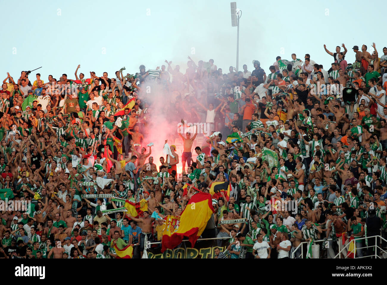 Real Betis-Fans feuern eine Fackel um ein Ziel zu feiern Stockfoto