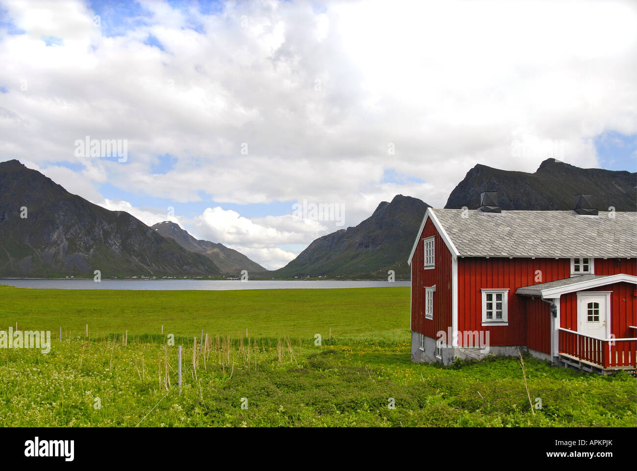 tiefgrüne Ackerland mit in der Regel rot gefärbt Skandinavisches Haus, Norwegen, Lofoten-Inseln, Flagstadoy Stockfoto