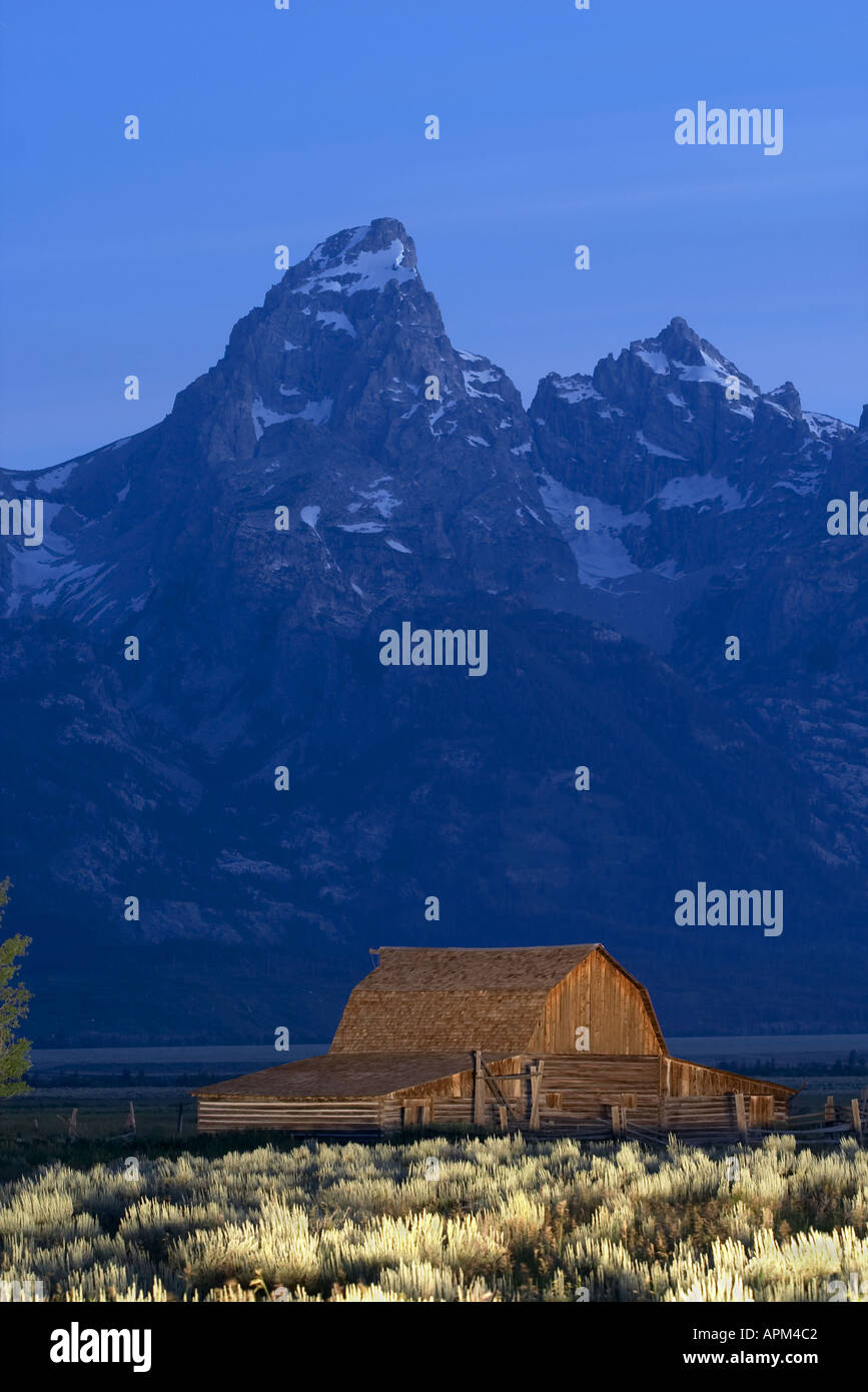 Alte Scheune und Salbei Pinsel unterhalb der Grand Teton in den frühen Morgenstunden Grand Teton National Park Teton County Wyoming USA Stockfoto