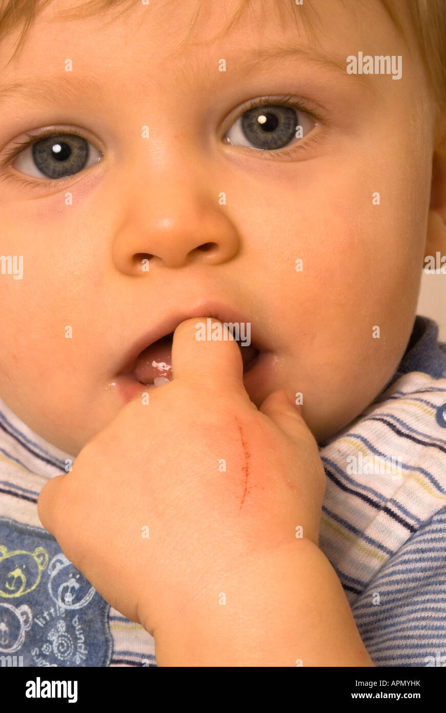 Baby 11 Monate alt nachdenklich mit Finger im Mund mit Katzenkratzer an der Hand Stockfoto