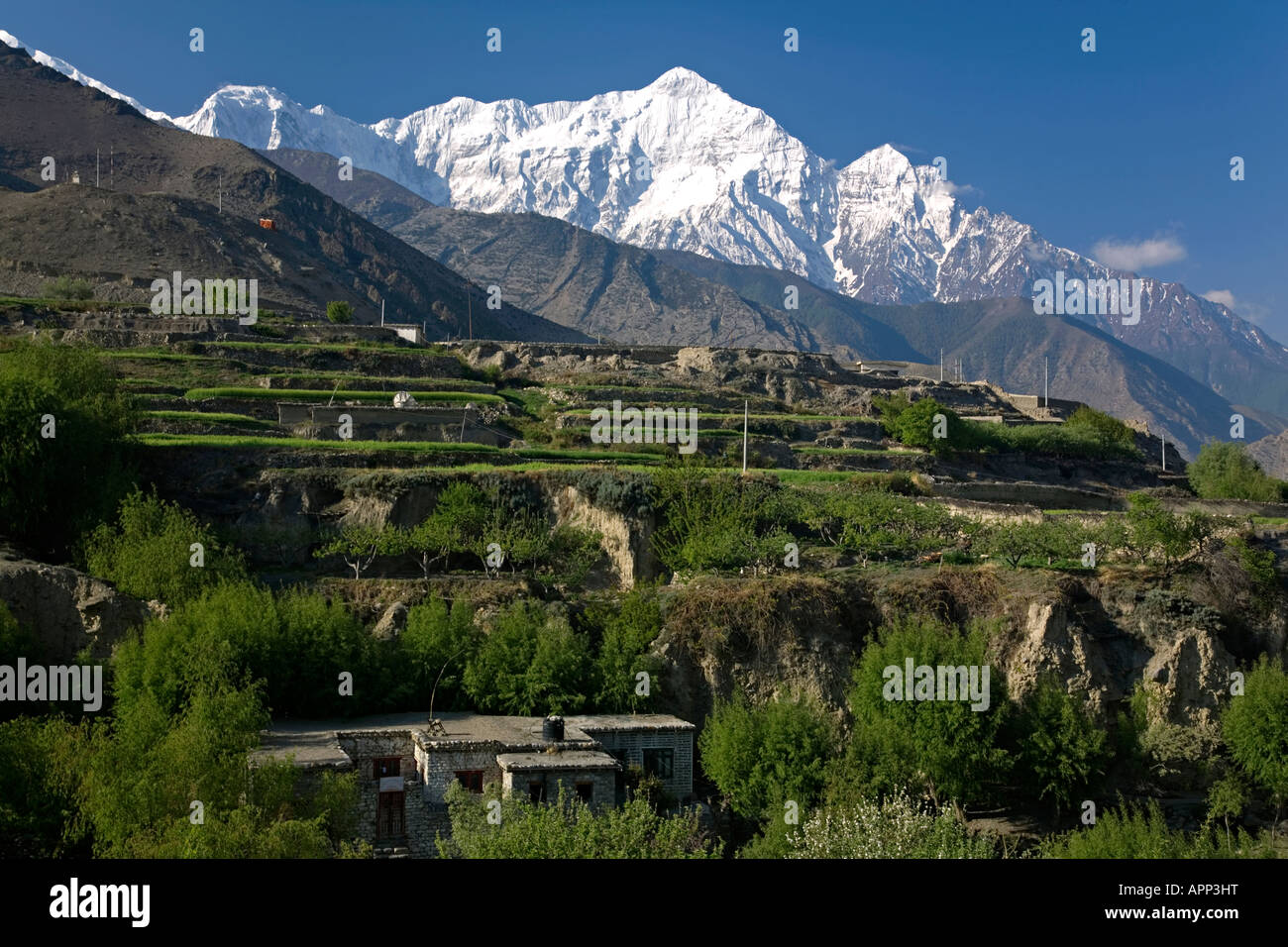 Nilgiri Nord (7061m). Blick von Kagbeni Dorf. Annapurna Circuit Trek. Mustang. Nepal Stockfoto