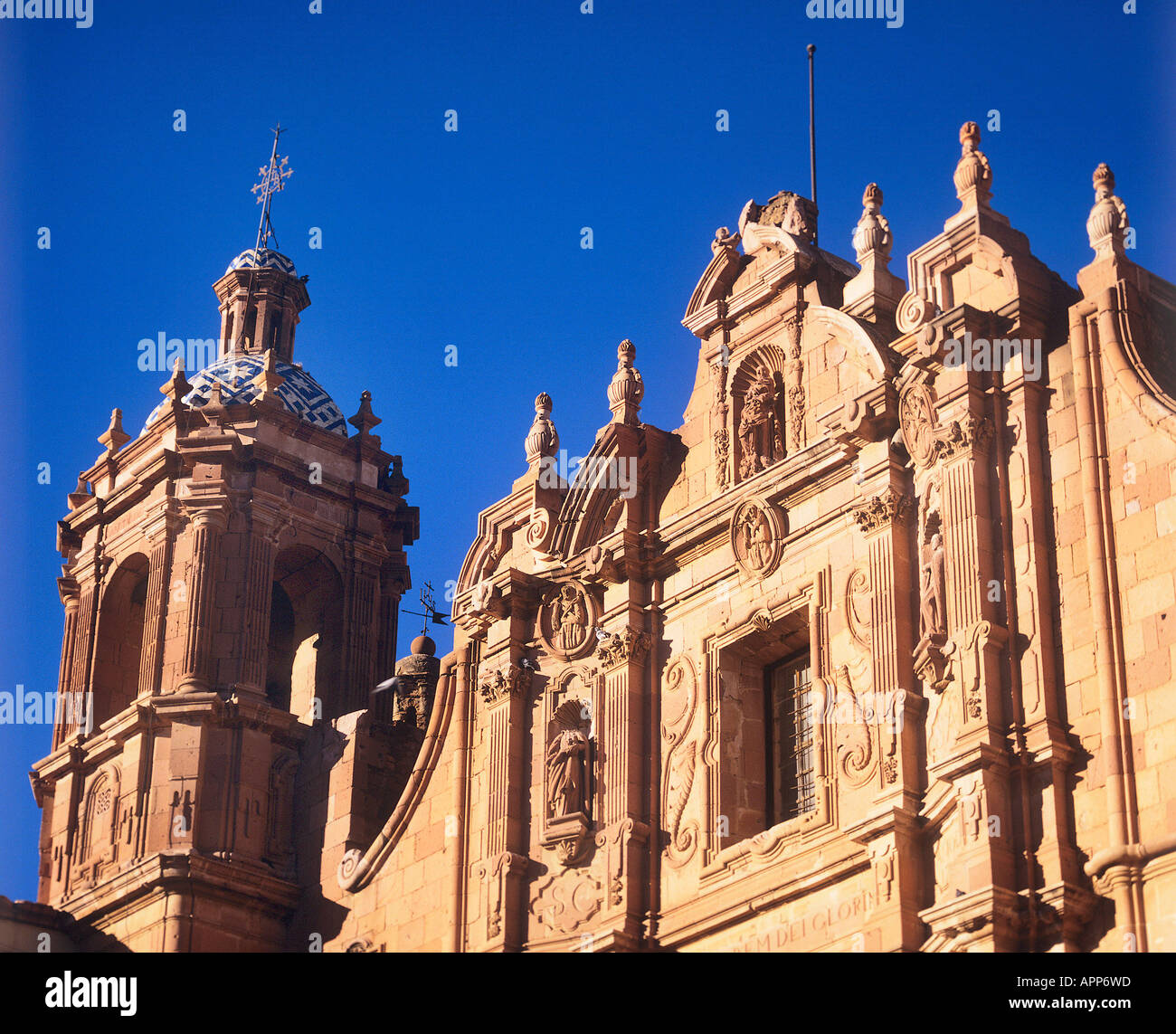 Detail von Zacatecas Kirche von San Domingo 1746-49 mit einem gewölbten Glockenturm neben die barocke Fassade mit dezenten Dekoration und einem gebrochenen Giebel Stockfoto