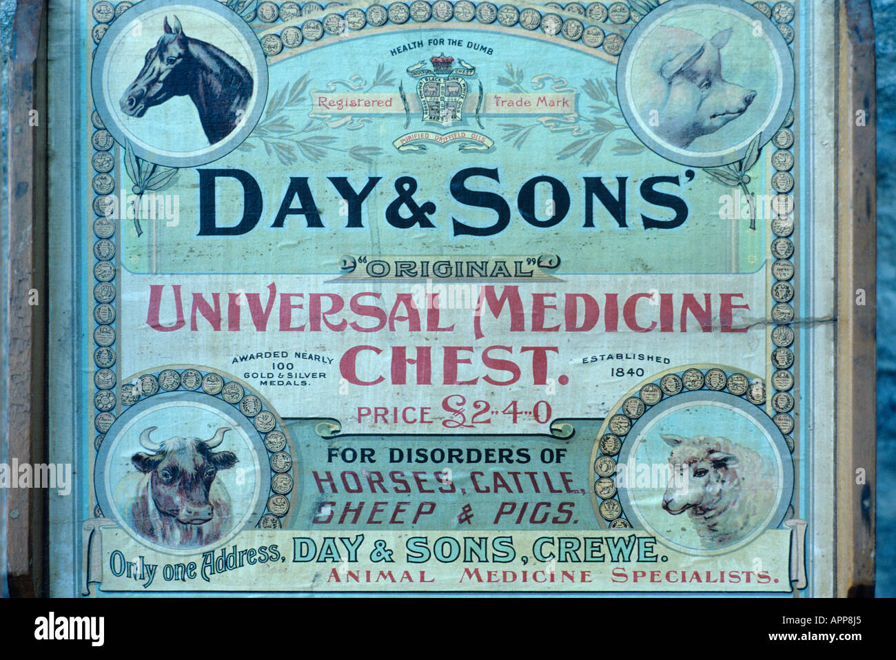 Das Innere der Deckel eines alten Tierarzt s Box Northleach Stockfoto