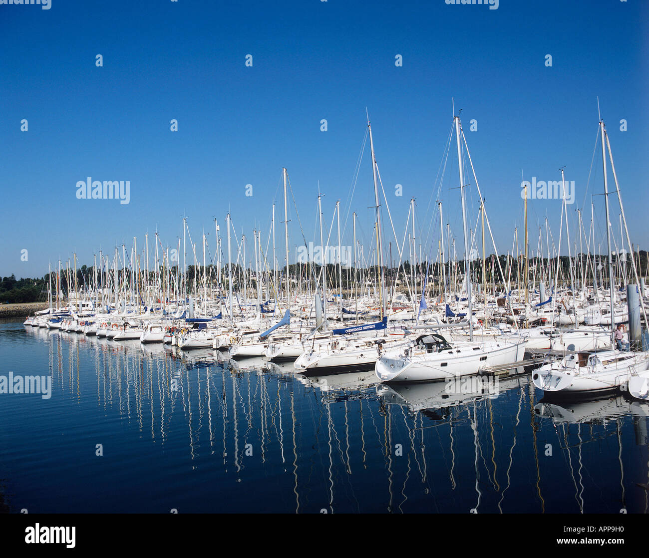 Die Masten der viele kleine Boote vor Anker gegen Pontons in den stillen Wassern der Marina von Port-le-Foret Stockfoto