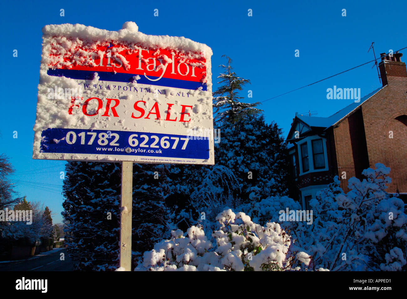 Immobilienmakler für Verkauf Zeichen im Schnee Stockfoto