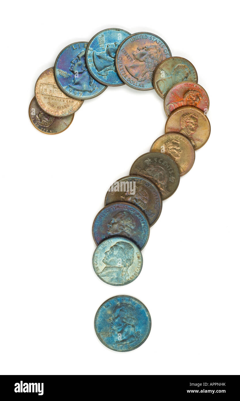 Münzen, USA und Kanada, gestapelt in Form von einem Fragezeichen Symbol. Stockfoto
