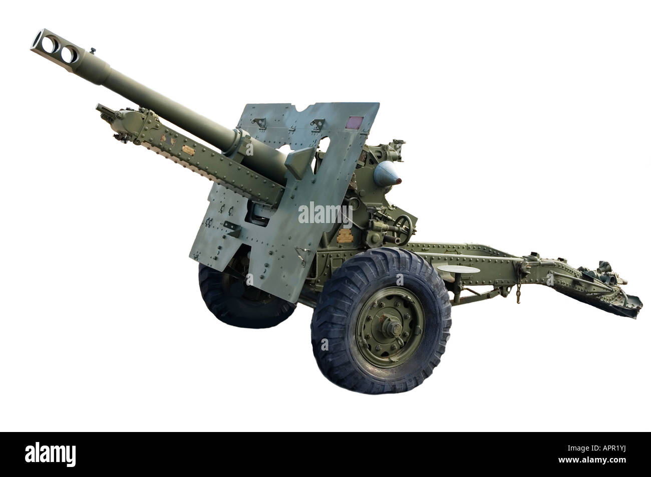 Artillerie-Kanone, die Armee mit einer Reifenpanne grün lackiert Stockfoto