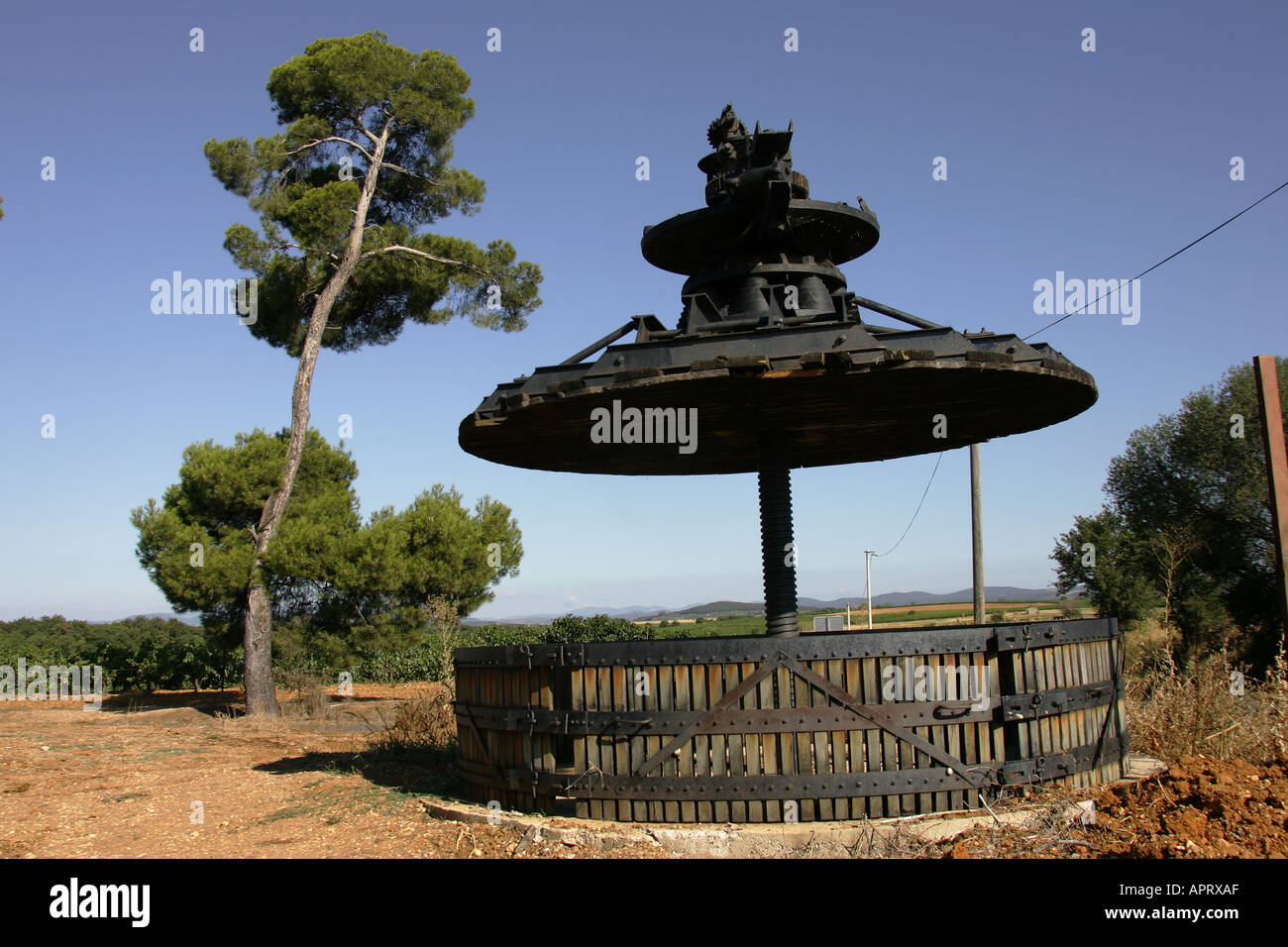 WEINPRESSE, POUZELLES, LANGUEDOC, FRANKREICH Stockfoto